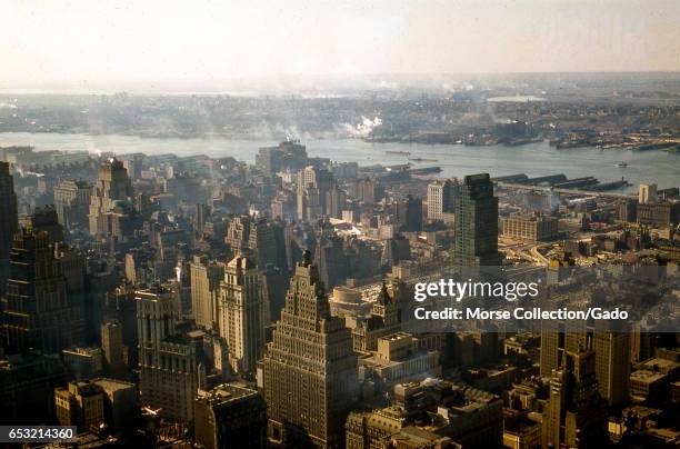 Panoramic view facing southwest of the neighborhoods of Times Square, Hells Kitchen, Chelsea, and the west side of Manhattan, in New York City, New...