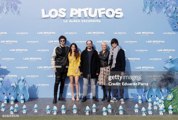 Actors Pablo Ibanez, Macarena Garcia, Jordi Sanchez, Eva Hache and Luis Piedrahita attend the 'Los Pitufos: La aldea escondida' photocall at La Casa...