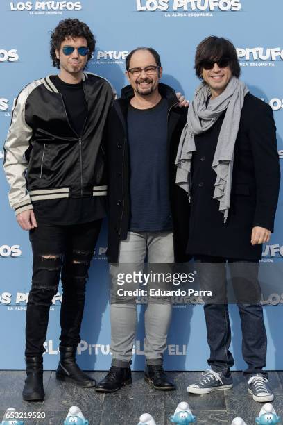 Actors Pablo Ibanez , Jordi Sanchez and Luis Piedrahita attend the 'Los Pitufos: La aldea escondida' photocall at La Casa Club on March 14, 2017 in...