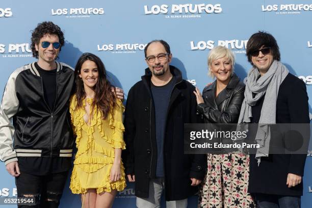 Actors Pablo Ibanez, Macarena Garcia, Jordi Sanchez, Eva Hache and Luis Piedrahita attend the 'Los Pitufos: La aldea escondida' photocall at La Casa...