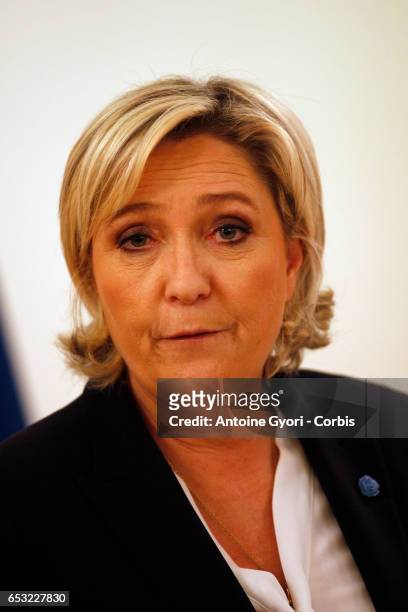 French far-right political party National Front President, Marine Le Pen delivers a speech focused on the theme 'Citizenship' during a press...