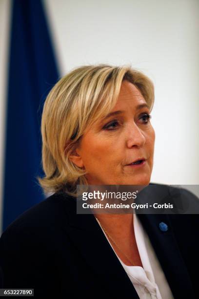 French far-right political party National Front President, Marine Le Pen delivers a speech focused on the theme 'Citizenship' during a press...