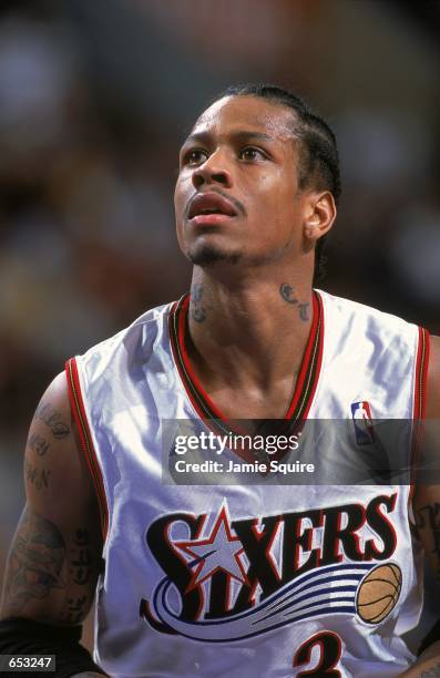 Close up of Allen Iverson of the Philadelphia 76ers gets ready to shoot a free throw during the game against the Minnesota Timberwolves at the First...