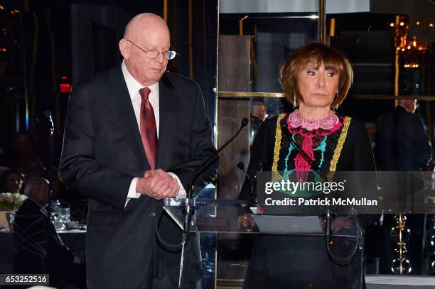 Michael Minikes and Cheryl Minikes speak at the Guild Hall Academy of the Arts Achievement Awards & Benefit Dinner at The Rainbow Room on March 13,...