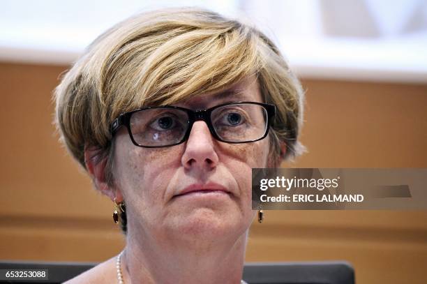 Belgium's National Railway Company CEO Sophie Dutordoir looks on during a session of the infrastructure commission of the federal parliament on March...