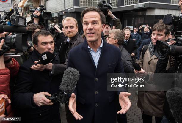 Dutch Prime Minister Mark Rutte speaks to the public and the media as he campaigns ahead of tomorrow's general election, on March 14, 2017 in The...