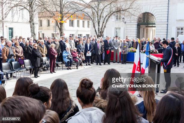 Angouleme's mayor Xavier Bonnefont speaks during the inauguration of a commemorative plaque honoring Jewish people deported from Angouleme on March...