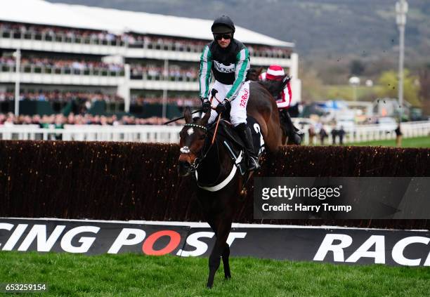 Altior ridden by Nico De Boinville jumps the last before going on to win the Racing Post Arkle Challenge Trophy Novices Chase during Champion Day of...