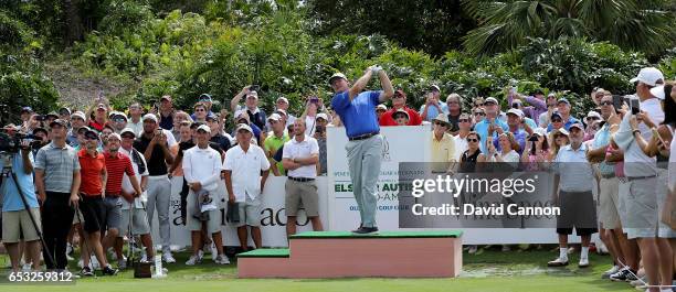 Ernie Els of South Africa attempts the hole-in one challenge shot for the two million dollar prize during the Els for Autism pro-am at the Old Palm...