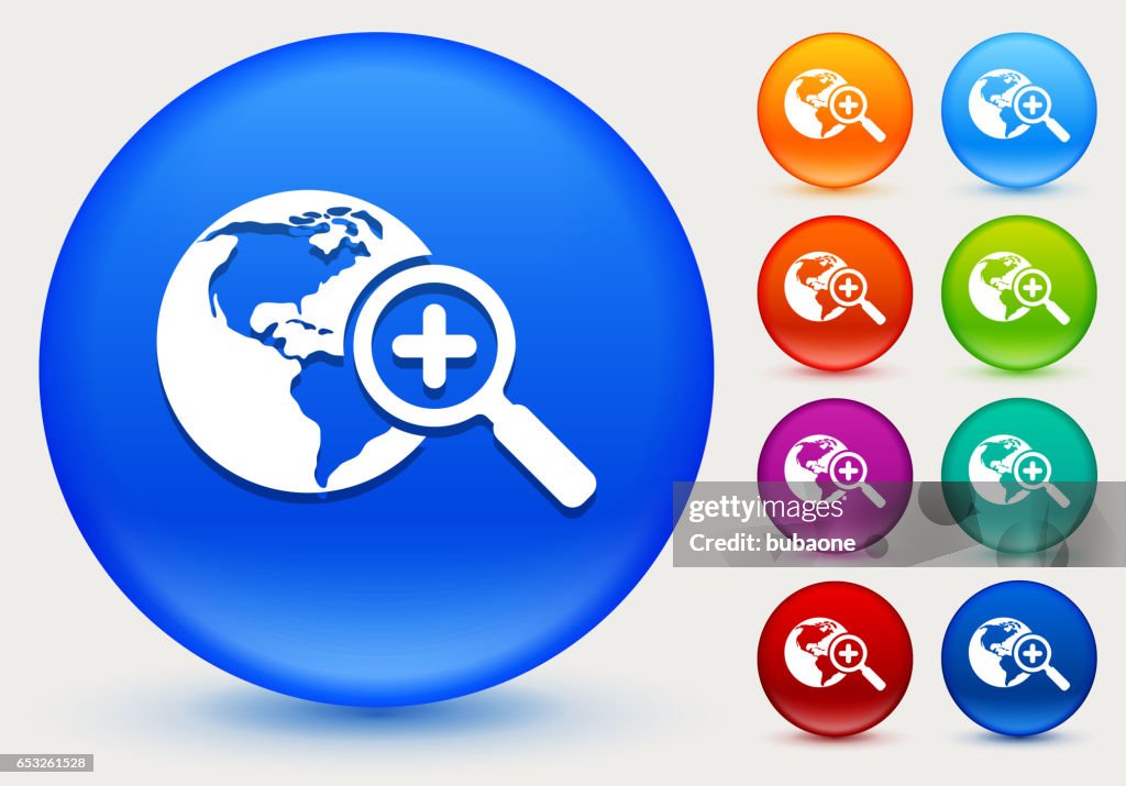 Globe and Magnifying Glass Icon on Shiny Color Circle Buttons