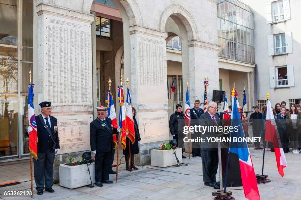 French lawyer and Nazi hunter Serge Klarsfeld speaks during the inauguration of a commemorative plaque honoring Jewish people deported from Angouleme...