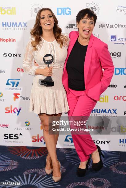 Kym Marsh and Denise Welch pose in the winners room with the award for Soap Personality at the TRIC Awards 2017 at The Grosvenor House Hotel on March...