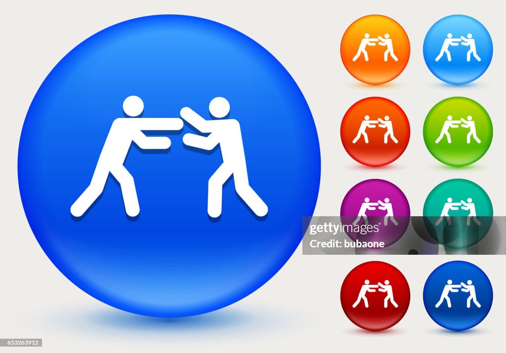 Fighting Stick Figures Icon on Shiny Color Circle Buttons