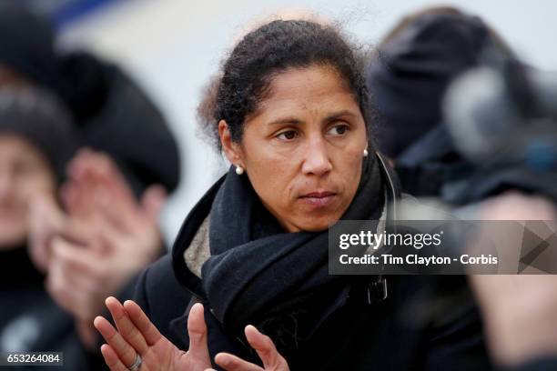 Head coach Steffi Jones of Germany on the sideline during the France Vs Germany SheBelieves Cup International match at Red Bull Arena on March 4,...