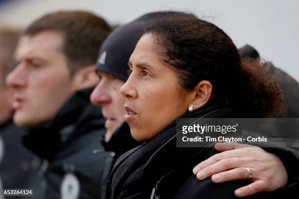 Head coach Steffi Jones of Germany on the sideline during the France Vs Germany SheBelieves Cup International match at Red Bull Arena on March 4,...