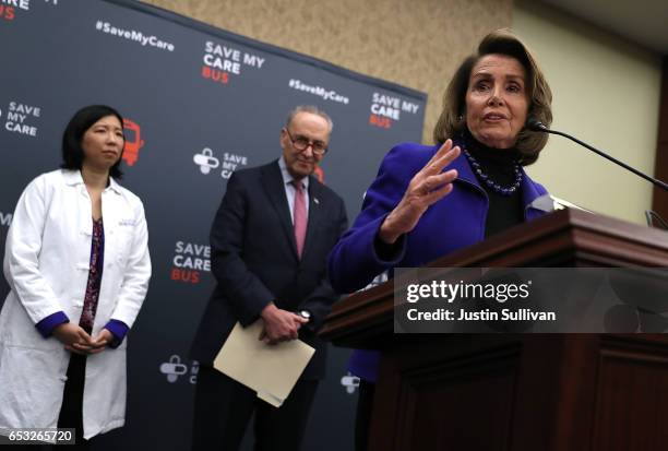 House Minority Leader Nancy Pelosi speaks during a news conference as Senate Minority Leader Charles Schumer and Dr. Alice Chen look on at the U.S....