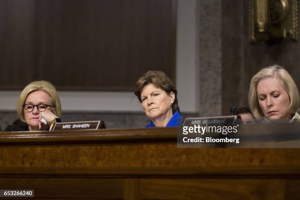 Senator Claire McCaskill, a Democrat from Missouri, from left, Senator Jeanne Shaheen, a Democrat from New Hampshire, and Senator Kirsten Gillibrand,...