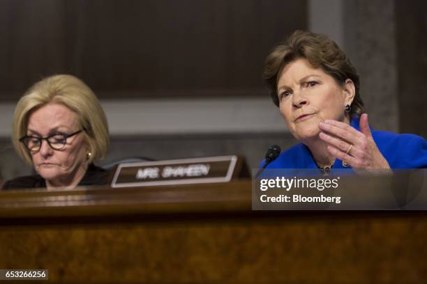 Senator Jeanne Shaheen, a Democrat from New Hampshire, right, speaks as Senator Claire McCaskill, a Democrat from Missouri, listens during a Senate...