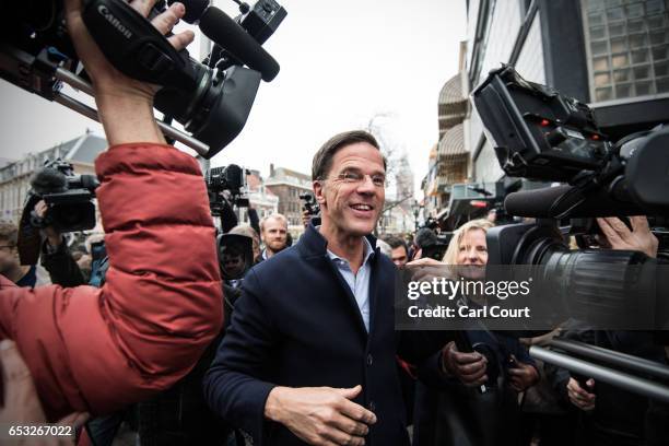 Dutch Prime Minister Mark Rutte speaks to the public and the media as he campaigns ahead of tomorrow's general election, on March 14, 2017 in The...