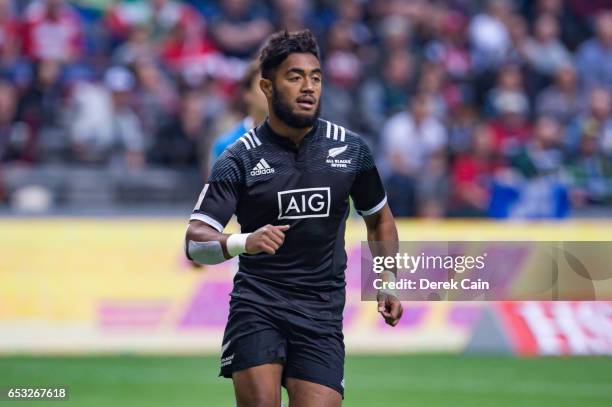 Vilimoni Koroi of New Zealand run across the field against Argentina during day 2 of the 2017 Canada Sevens Rugby Tournament on March 12, 2017 in...