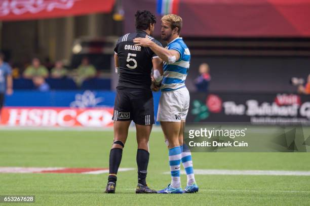 Fernando Luna of Argentina congratulates Dylan Collier of New Zealand during day 2 of the 2017 Canada Sevens Rugby Tournament on March 12, 2017 in...