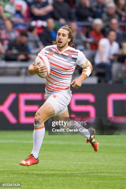 Dan Bibby of England runs with the ball against Fiji during day 2 of the 2017 Canada Sevens Rugby Tournament on March 12, 2017 in Vancouver, British...