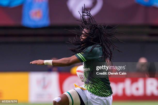 Cecil Afrika of South Africa runs with the ball against Canada during day 2 of the 2017 Canada Sevens Rugby Tournament on March 12, 2017 in...