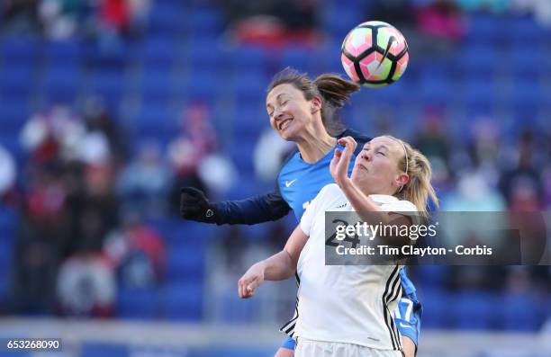 Kristin Demann of Germany challenged by Gaëtane Thiney of France during the France Vs Germany SheBelieves Cup International match at Red Bull Arena...