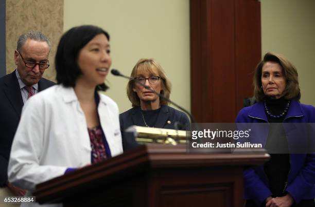 Senate Minority Leader Charles Schumer , U.S. Sen. Maggie Hassan and House Minority Leader Nancy Pelosi look on as Dr. Alice Chen speaks during a...
