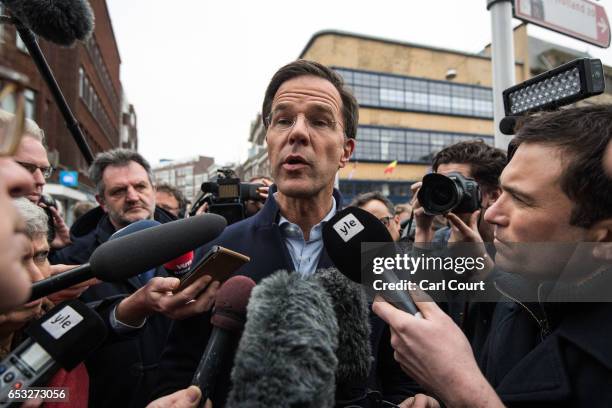 Dutch Prime Minister Mark Rutte speaks to the public and the media as he campaigns ahead of tomorrow's general election, on March 14, 2017 in The...