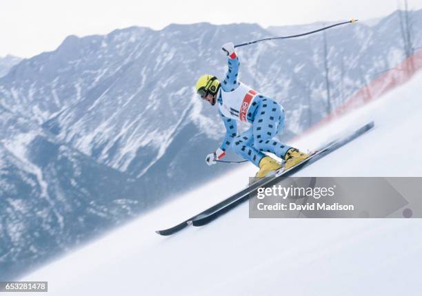 Alberto Tomba of Italy skis in the Super-G event of the Alpine Skiing Competition of the Winter Olympic Games on February 21, 1988 at the Nakiska ski...