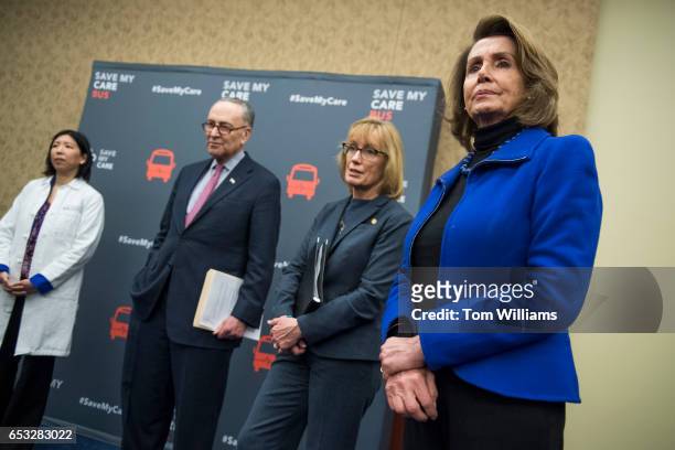 From left, Dr. Alice T. Chen, Senate Minority Leader Charles Schumer, D-N.Y., Sen. Maggie Hassn, D-N.H., and House Minority Leader Nancy Pelosi,...