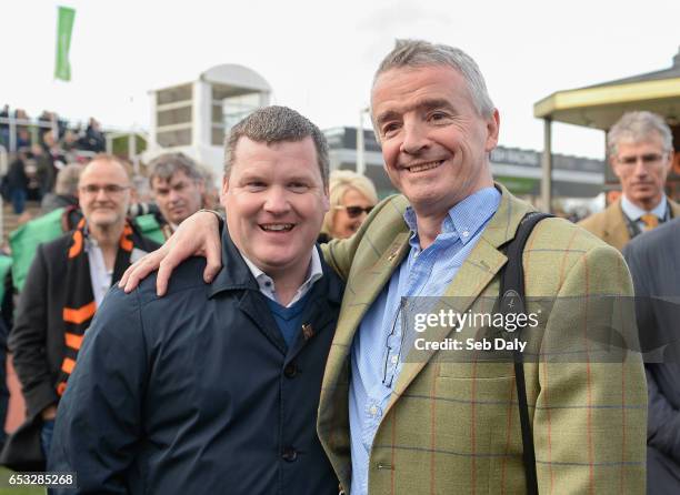 Cheltenham , United Kingdom - 14 March 2017; Trainer Gordon Elliott, left, with owner Michael O'Leary after winning the OLBG Mares' Hurdle with...