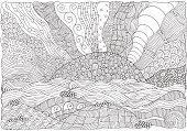 Beach, facing out to sea. Coloring book