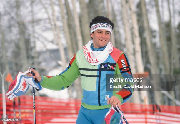 Alberto Tomba of Italy previews the Slalom course at the FIS Alpine World Ski Championships on February 12, 1989 in Vail, Colorado.