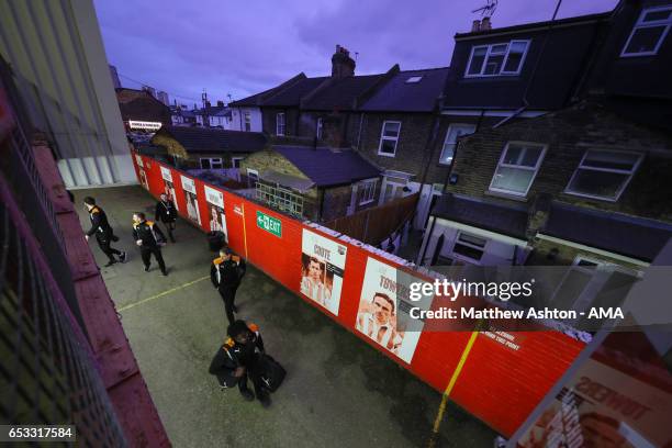 Wolverhampton Wanderers arrive at Griffin Park the home stadium of Brentford prior to the Sky Bet Championship match between Brentford and...