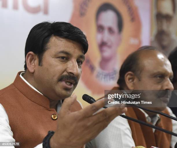 Bharatiya Janata Party's Delhi chief Manoj Tiwari, Leader of Opposition in Delhi Assembly Vijender Gupta address a Press conference on the issue of...