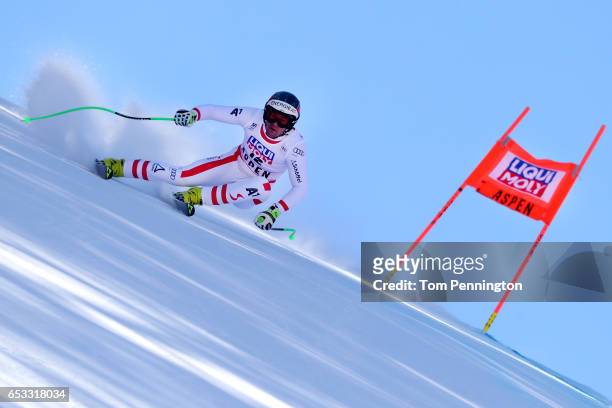 Vincent Kriechmayr of Austria skis during a training run for the men's downhill at the Audi FIS Ski World Cup Finals at Aspen Mountain on March 14,...