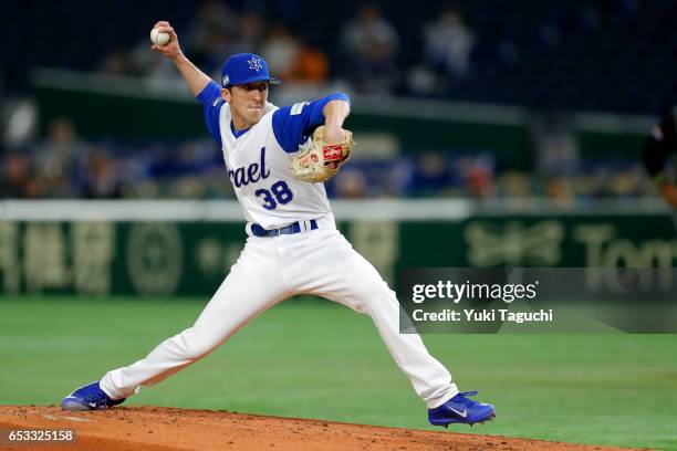 Corey Baker of Team Israel pitches in the second inning during Game 3 of Pool E of the 2017 World Baseball Classic against Team Netherlands at the...