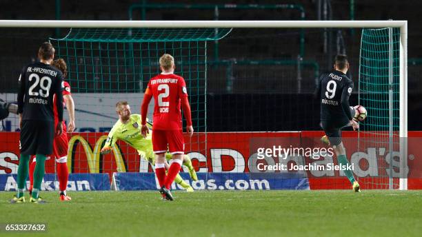 Penalty for Muenster, Mirkan Aydin of Muenster challenges Soeren Pirson of Frankfurt during the third league match between Preussen Muenster and FSV...
