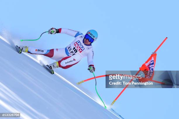 Patrick Kueng of Switzerland skis during a training run for the men's downhill at the Audi FIS Ski World Cup Finals at Aspen Mountain on March 14,...