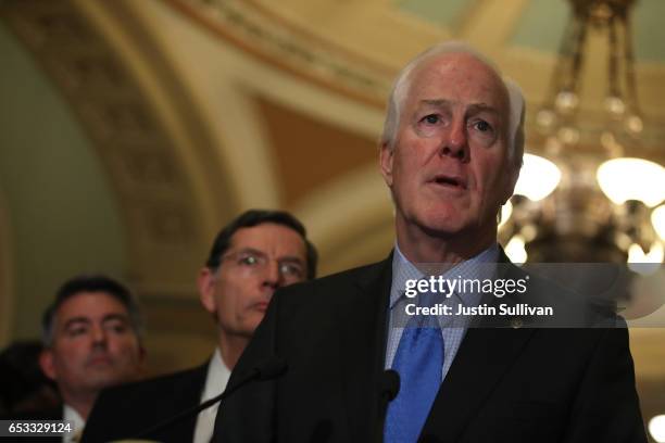 Sen. John Cornyn speaks during a news conference on Capitol Hill on March 14, 2017 in Washington, DC. Republican and Democratic senators answered a...