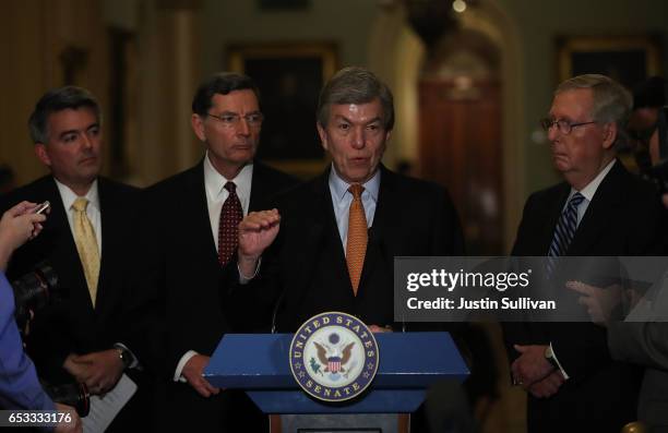 Sen. Roy Blunt speaks as Senate Majority Leader Mitch McConnell , Sen. John Barrasso and Sen. Cory Gardner look on during a news conference on...