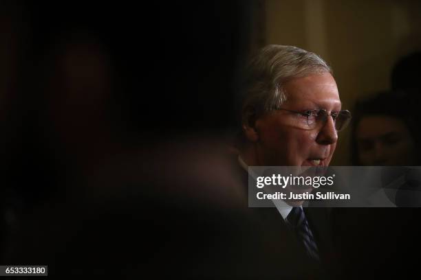 Senate Majority Leader Mitch McConnell speaks during a news conference on Capitol Hill on March 14, 2017 in Washington, DC. Republican and Democratic...