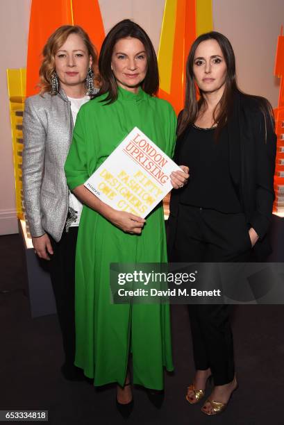 Sarah Mower, Natalie Massenet and Tania Fares attend the launch of new book "London Uprising: Fifty Fashion Designers, One City" by Tania Fares and...