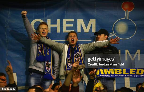 Wimbledon fans before the Sky Bet League One match between A.F.C. Wimbledon and Milton Keynes Dons at The Cherry Red Records Stadium on March 14,...