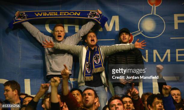 Wimbledon fans before the Sky Bet League One match between A.F.C. Wimbledon and Milton Keynes Dons at The Cherry Red Records Stadium on March 14,...