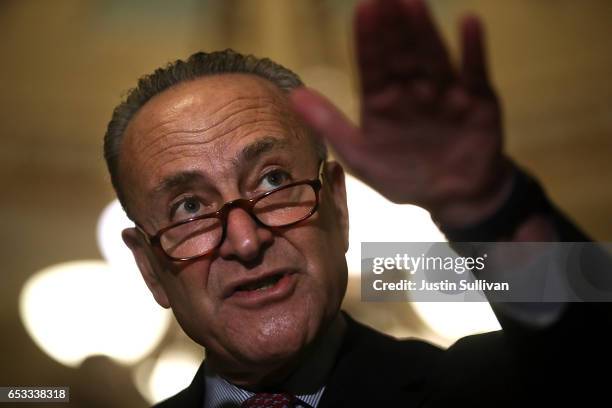 Senate Minority Leader Charles Schumer speaks during a news conference on Capitol Hill on March 14, 2017 in Washington, DC. Republican and Democratic...