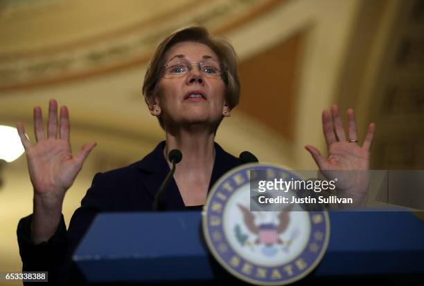 Sen. Elizabeth Warren speaks during a news conference on Capitol Hill on March 14, 2017 in Washington, DC. Republican and Democratic senators...