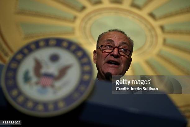 Senate Minority Leader Charles Schumer speaks during a news conference on Capitol Hill on March 14, 2017 in Washington, DC. Republican and Democratic...